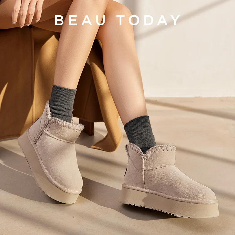 

BEAUTODAY зимние ботинки, женские замшевые ботинки из коровьей кожи с круглым носком на платформе, плетеные слипоны, зимняя теплая обувь из искусственного меха, ручная работа 08072