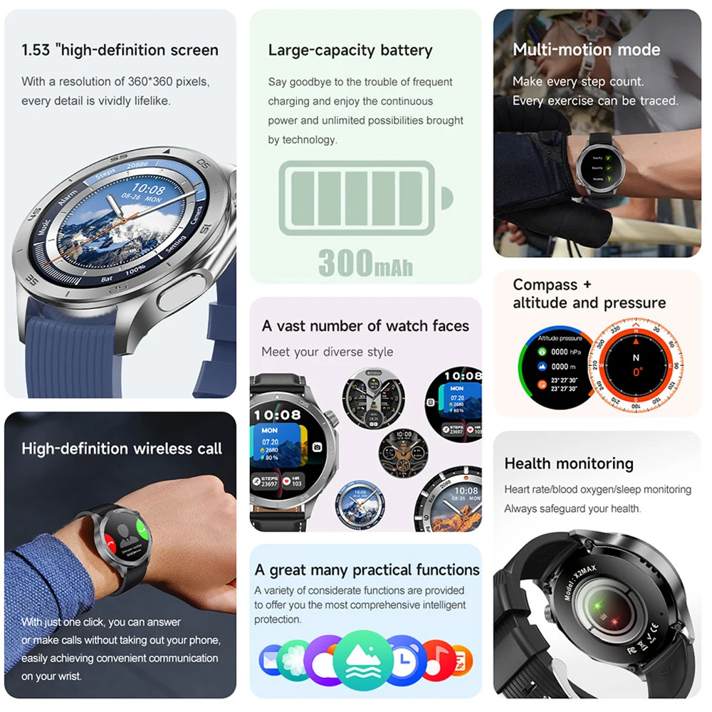 2026New X2 Smart Watch Men's Outdoor GPS NFC Compass Health Monitoring Heart Rate Blood Oxygen Bluetooth Call Smartwatches