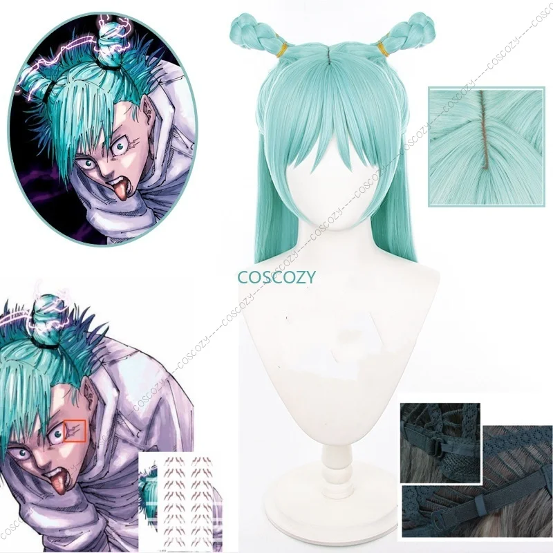 Hajime Kashimo Cosplay Wig Jujutsu Kaisen Tattoo Sticker The God of Lightning Anime Green Double Buns Hair Heat-resistant Wig