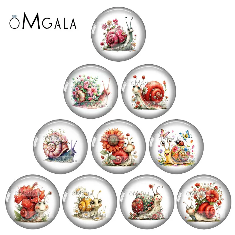 Cartoon Lovely Snail With Flower Art Patterns 10pcs 12mm/18mm/20mm/25mm Round photo glass cabochon demo flat back Makings