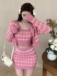 Sweet Three Piece Set Women Sweater Cardigan + Camisole + Skirt Sets Fashion Knit 3pcs Suits Ensemble Femme Conjuntos Feminino