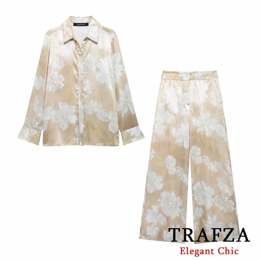 TRAFZA Casual Flower Print Shirt Set Women\'s Buttons Shirt and Pants With Pocket 2 Pieces Set New Autumn Fashion Women Pants Set