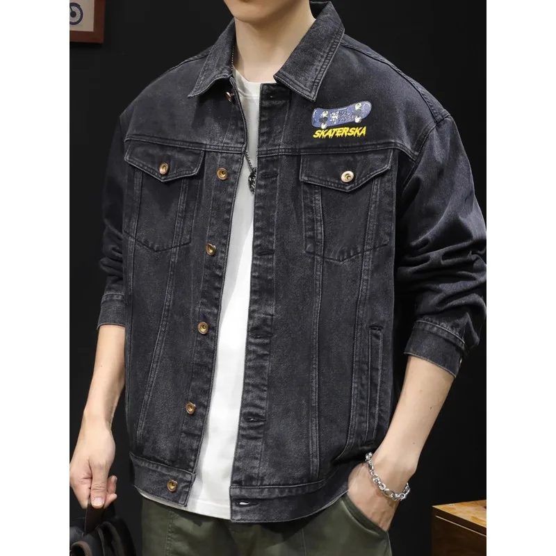 

Fashion personality black denim coat men's spring and autumn new large size loose fashion brand printed men's work jacket