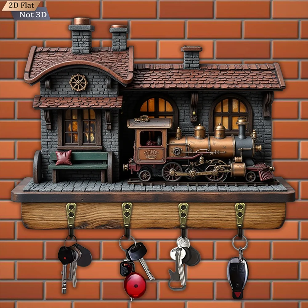 2D Flat, 1pc Classic Steam Train Station Key Hook, Wooden Multi-Functional Home Key Holder with Four Metal Hooks, Wall Decor,