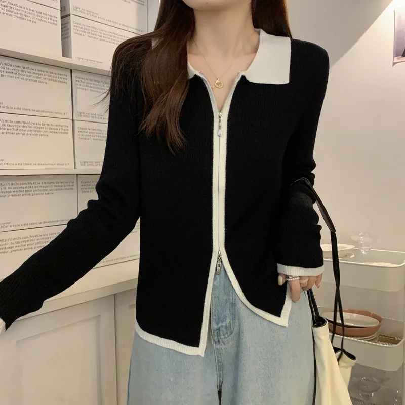 Autumn Women's Knitted Cardigan Polo Collar Coat Color Collision Sweater Solid Slim Jumpers Zipper Long Sleeve Female's Clothing