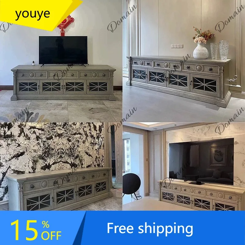 N80 Mid-Century Modern TV Stand Solid Wood Distressed French Vintage Sideboard Storage Cabinet for Living Room