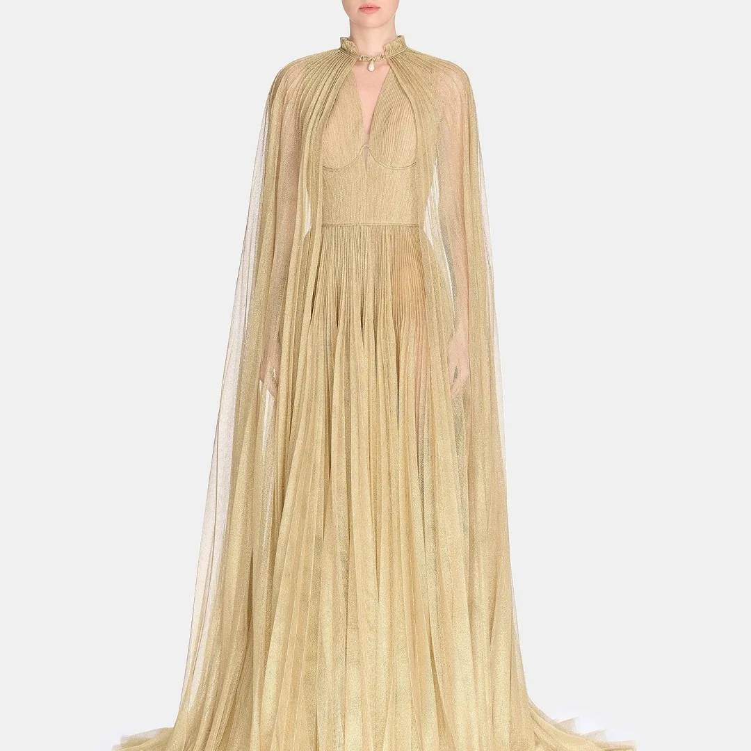 

Customized Temperament Tulle Straight Cap Sleeve Pearls Shawl Evening Dresses V-Neck Sleeveless Watteau Train Party Dr