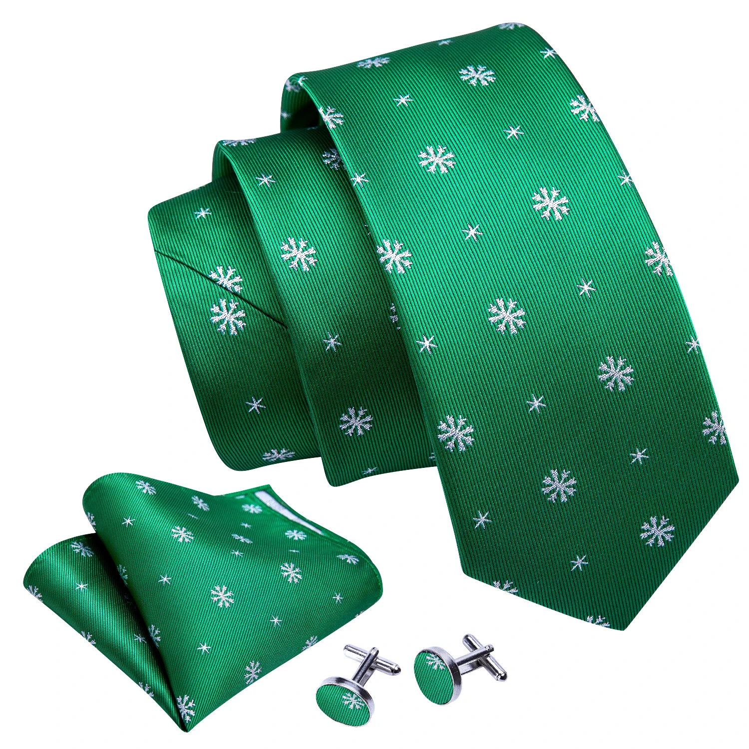 

Green Snow Silk Men Tie for Christmas Necktie Hankerchief Cufflinks Set Merry Xmas Festival Bell Reindeer Santa Tree Barry.Wang