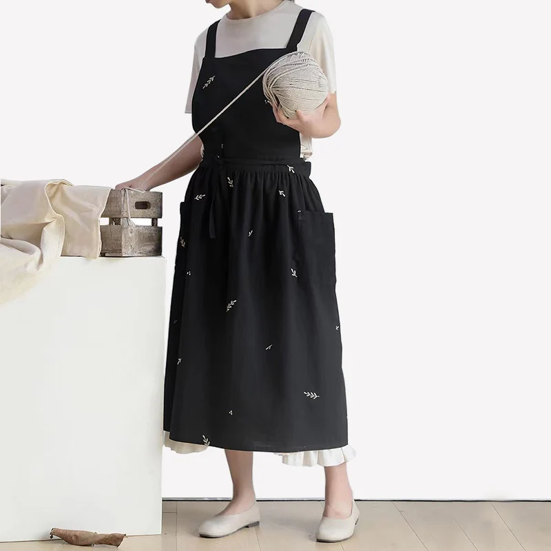 Vintage Pleated Skirt Apron Cross Back Women Hairdresser Garden Overalls Bib Kitchen Cooking Florist Pinafore Dress With Pocket