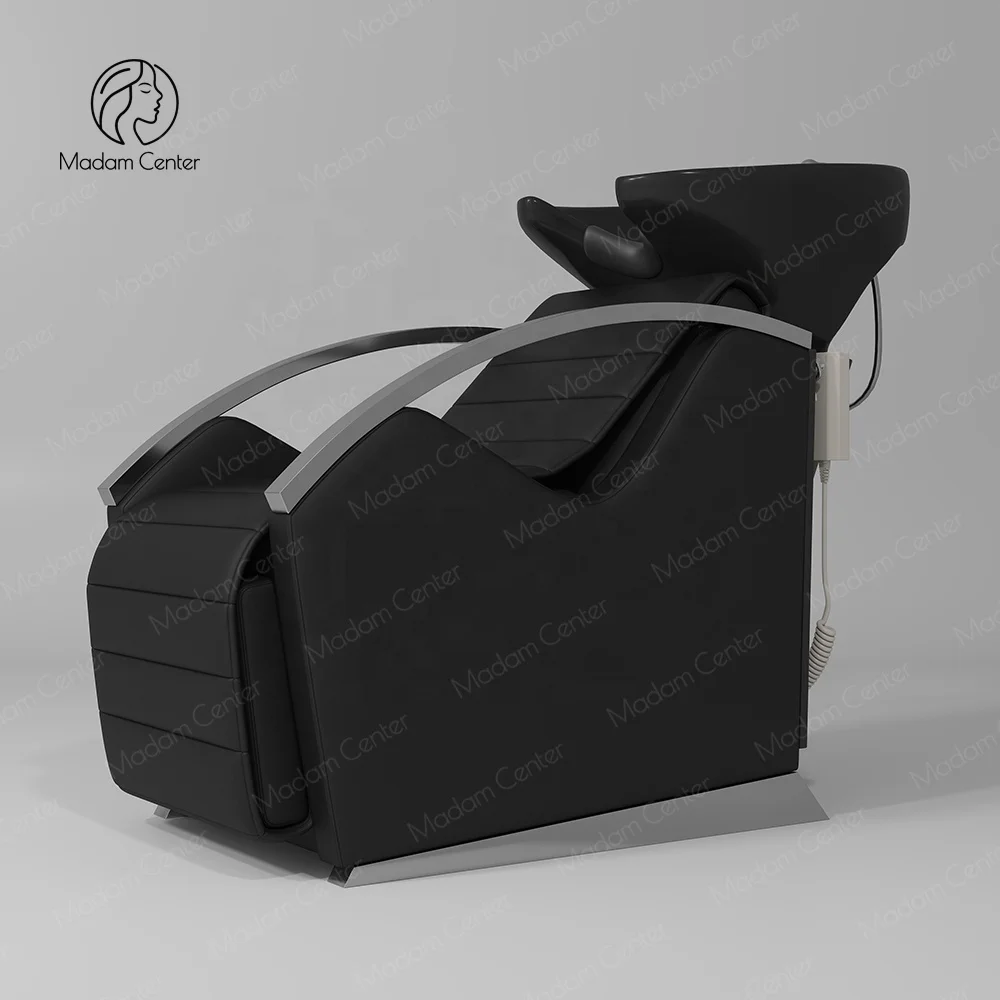 Madamcenter Modern Black Ceramic Shampoo Bowl Chair Hair Salon Furniture with Folding Massage Features for Spa Applications