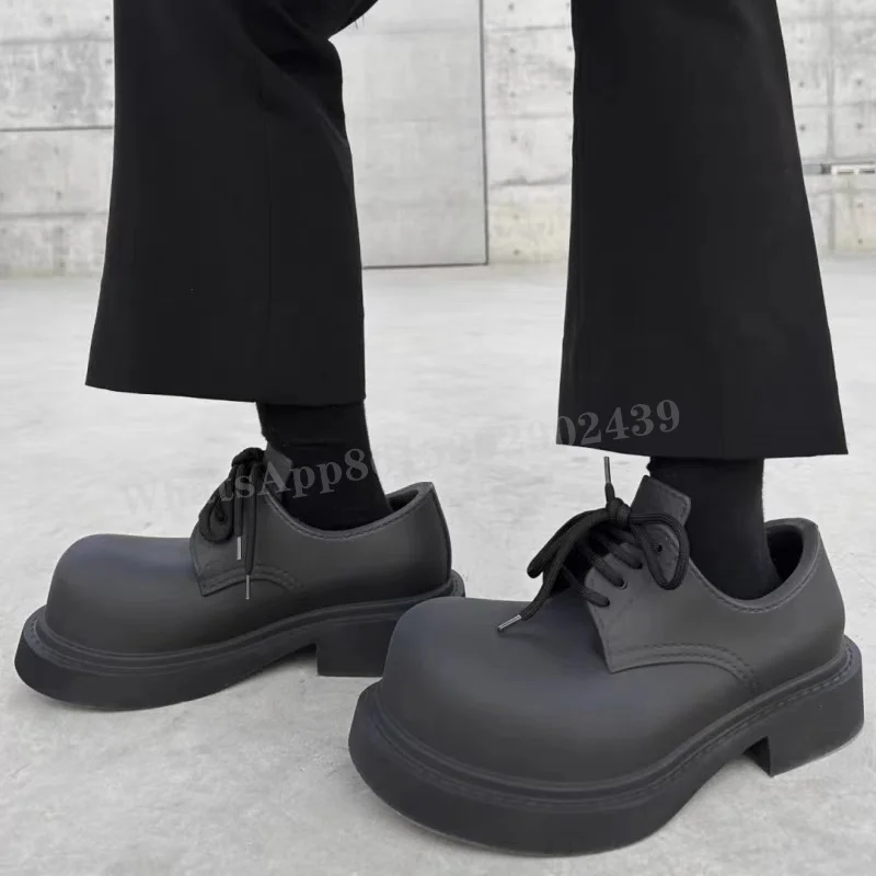 

Men Big Toe Lace Up Boots Black Leather Rubber Sporty Platform Heightened Low Heel Shoes Injection Street Style Plus Size Loafer