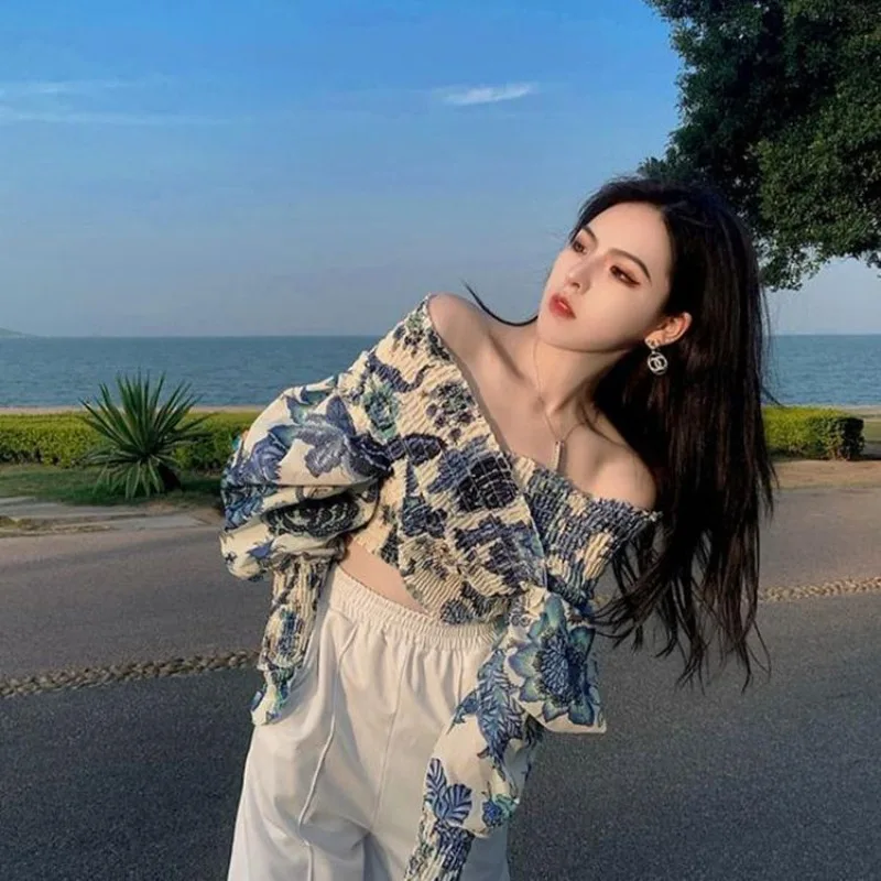 Korean Fashion Design High-end Shirt Top for Women's Summer New One Shoulder Style Irregular Floral Shirts Female Clothing