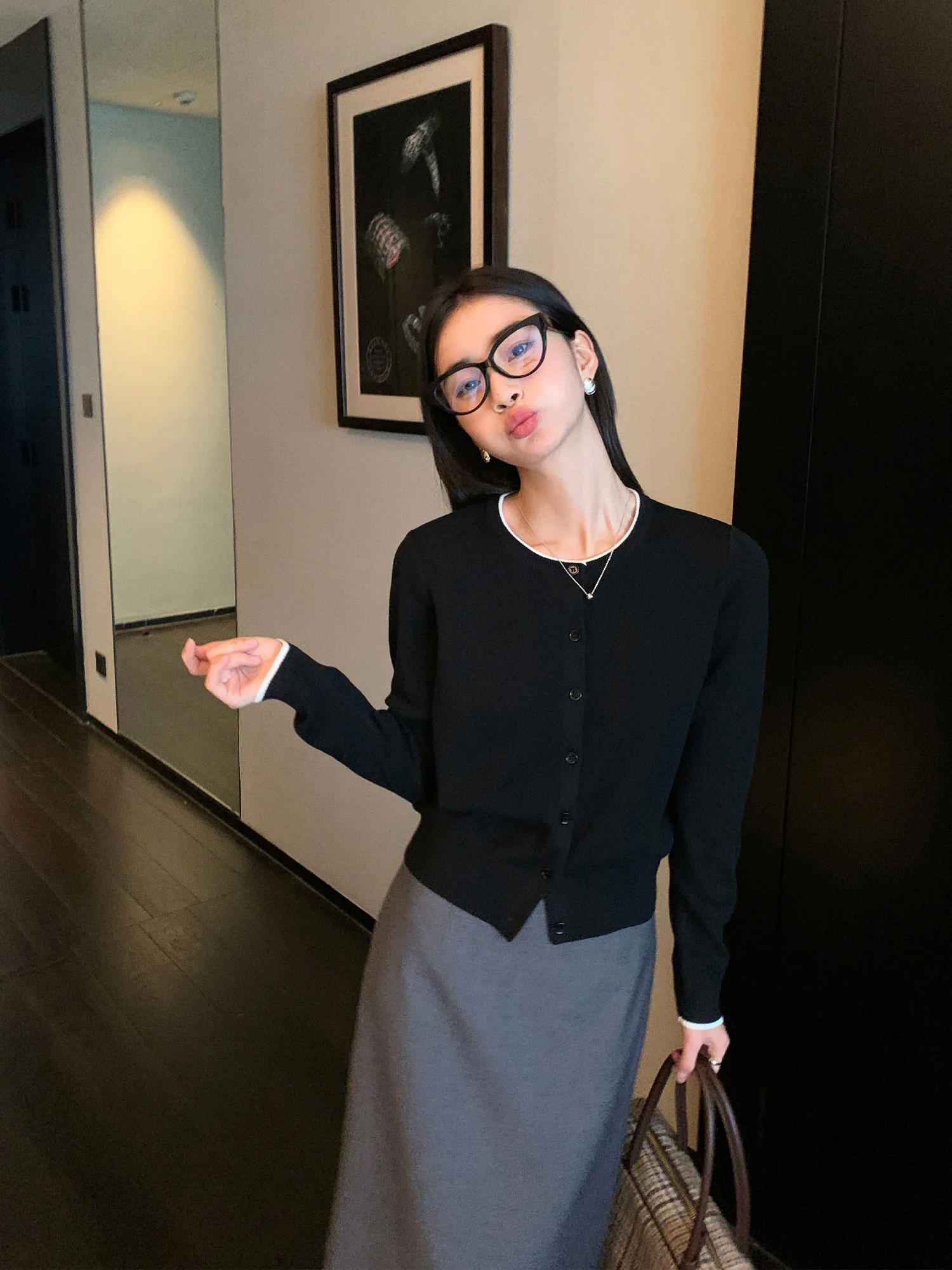 

Pusumede Faion Weekly Color Blo Вязаный длинный све круглый открытый кардиган Женский дизайн Sensation Small ence