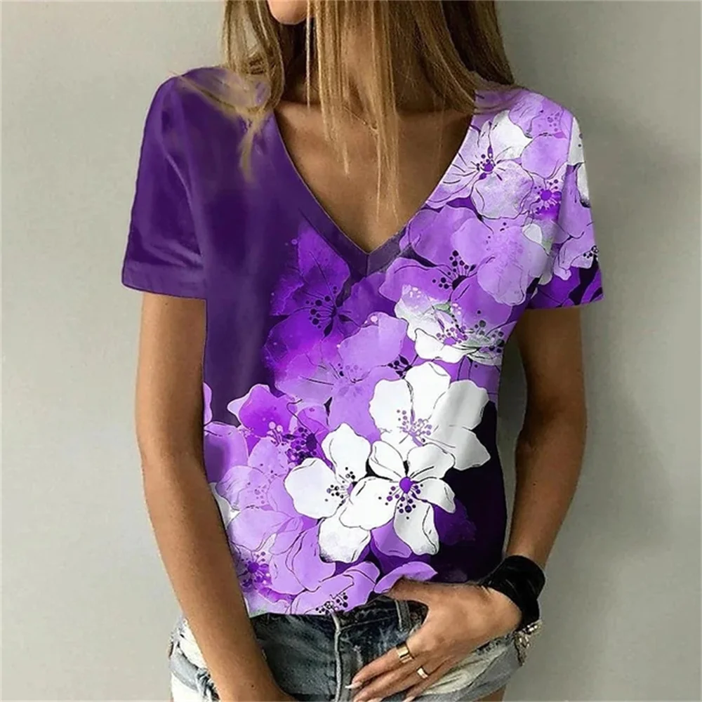 T-shirty damskie modne postacie z koszulka kwiatem 3d t-shirt Harajuku Casual krótki rękaw dekolt w szpic Oversized odzież damska