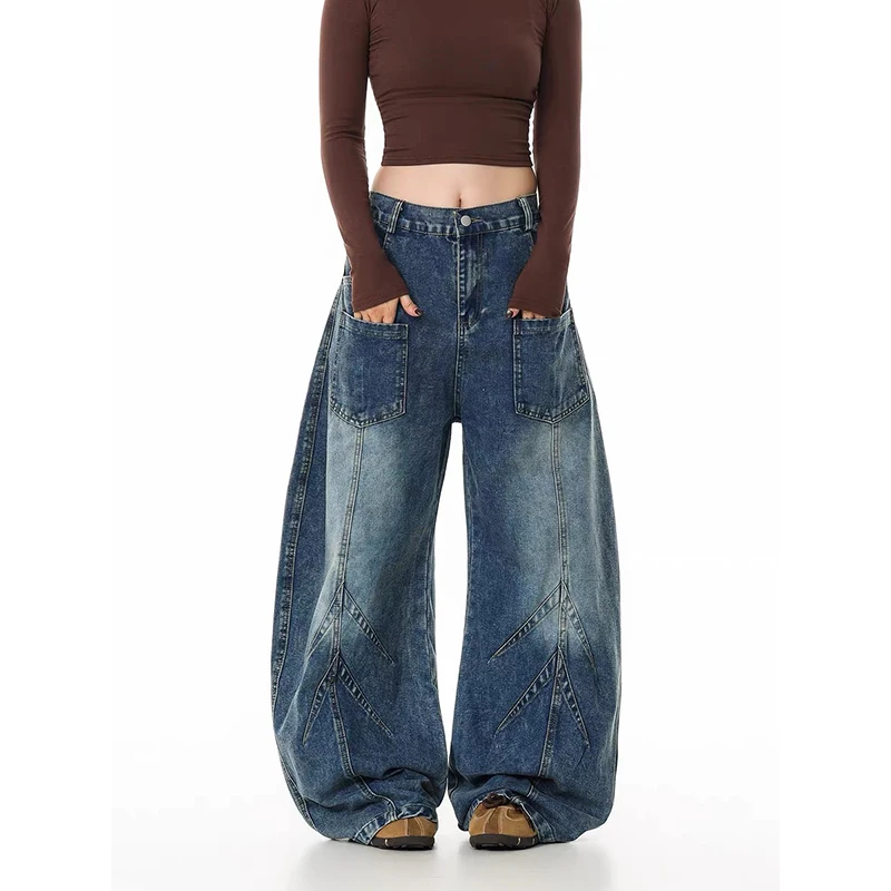 

ZHIZOU осень-зима женские синие джинсовые брюки гранж High Street 2000-х годов Y2K мешковатые широкие джинсы японские ковбойские брюки в стиле Харадзюку