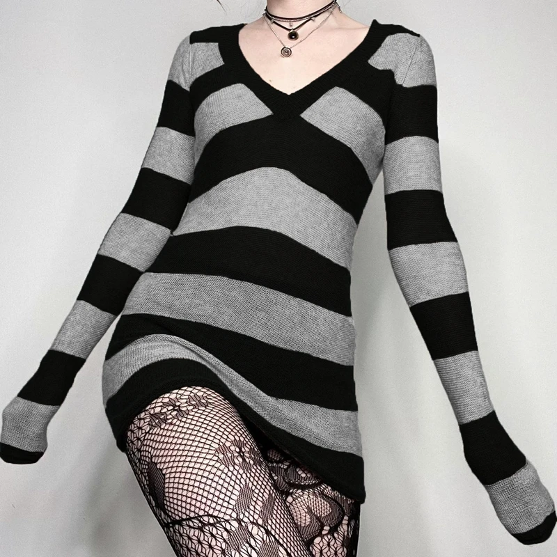 E-girl Mall Goth Emo 00s Vintage Mini Dress Y2K Grunge Striped Knitted V Neck Sweater Dress Women Autumn Spring Slim Fit Jumpers