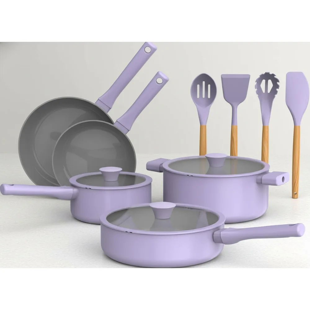 

12-Piece Ceramic Nonstick Cookware Set with Utensils - Dishwasher & Oven Safe, All Stovetops, Lavender