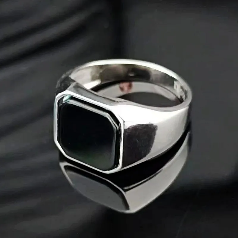 BOCAI New S925 Silver Jewelry Inlaid With Natural Onyx Square Men\'s Ring Fashionable and Grand Birthday Gift