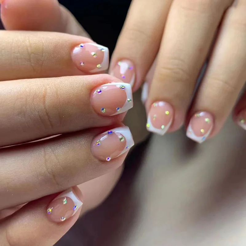 

24Pcs White French Tip Press on Nails Short Ballet Fake Nail Sparkling Rhinestone Glitter False Nails Minimalist Coffin Nail Art