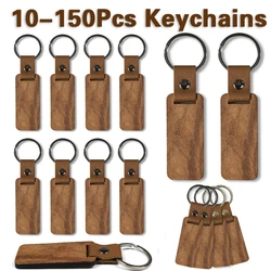 10-150Pcs Rectangular Wood Keychains Blank PU Leather Keyrings Wood Pendant Key Chain