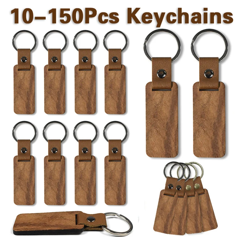 10-150Pcs Rectangular Wood Keychains Blank PU Leather Keyrings Wood Pendant Key Chain