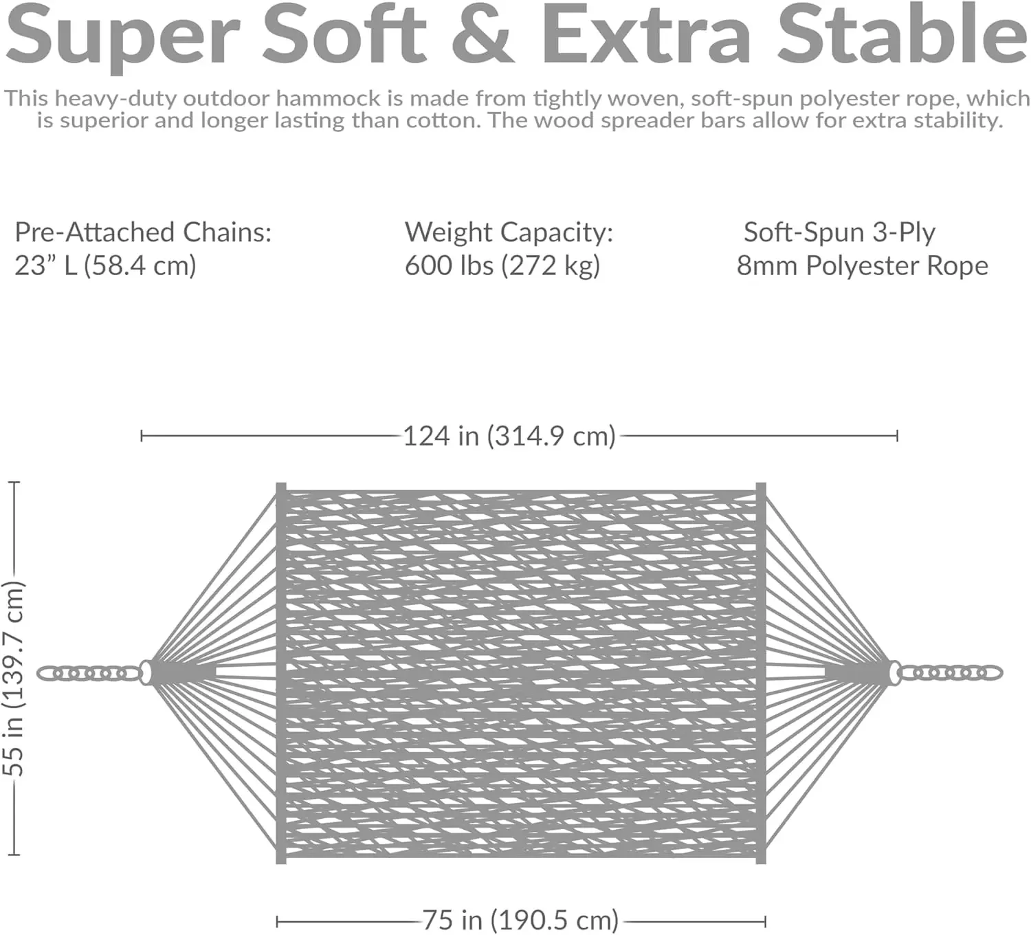 Soft-Spun Polyester Rope Double Hammock for Outside - 600-Pound Weight Capacity Extra Large Hammock - Mocha