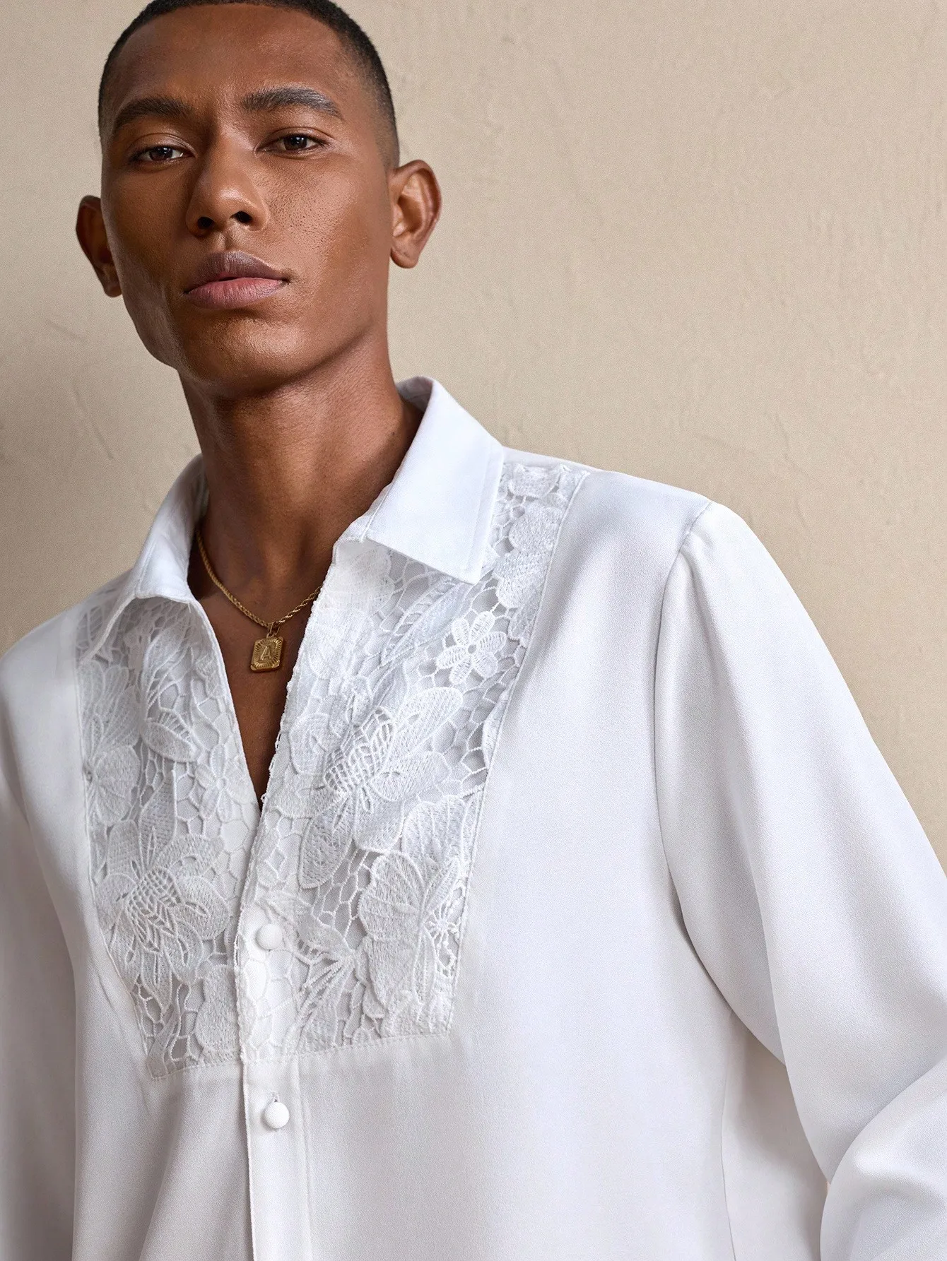 

Men's White Long Sleeve Shirt with Floral Lace Panel, Business Casual