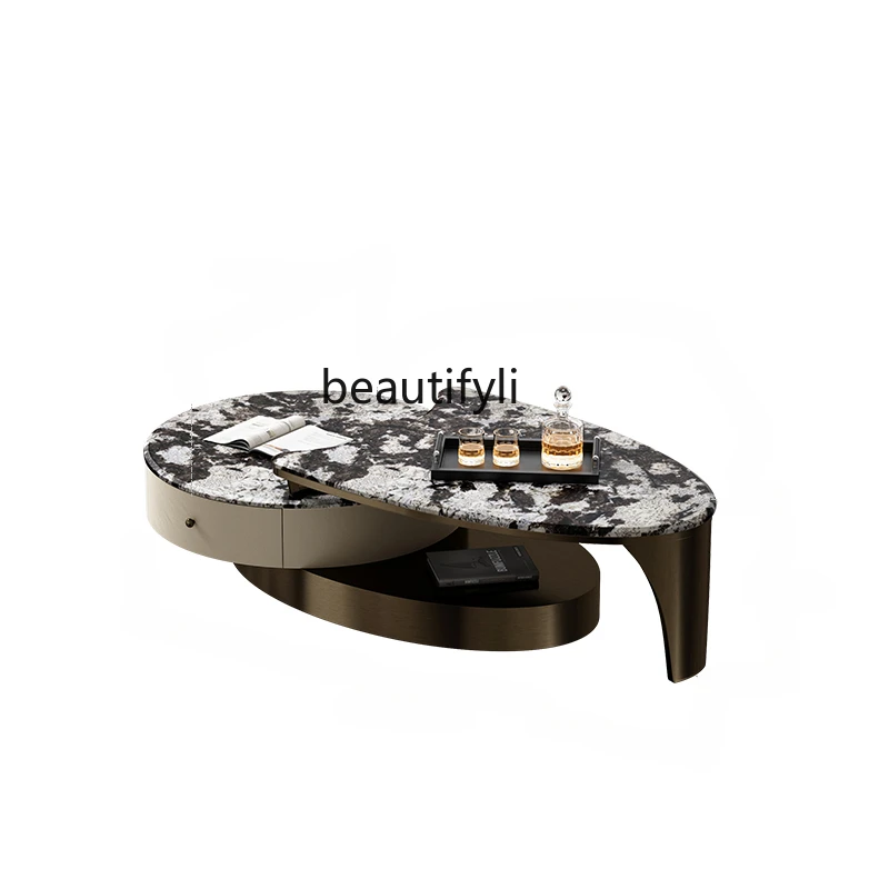 

Italian-Style Light Luxury Natural Marble Tea Table Living Room Home Luxury Stone Shaped Retractable Tea Table furniture