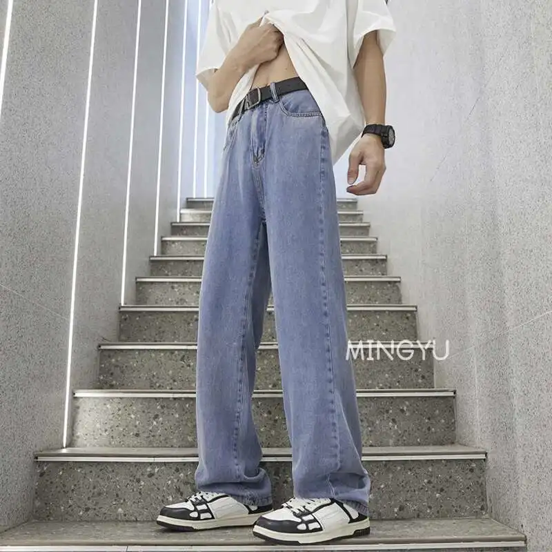 

Летние тонкие джинсы из мягкой лиоцелловой ткани, мужские свободные прямые светло-голубые джинсовые брюки с эластичной резинкой на талии, простые повседневные брюки, мужские S-XXL