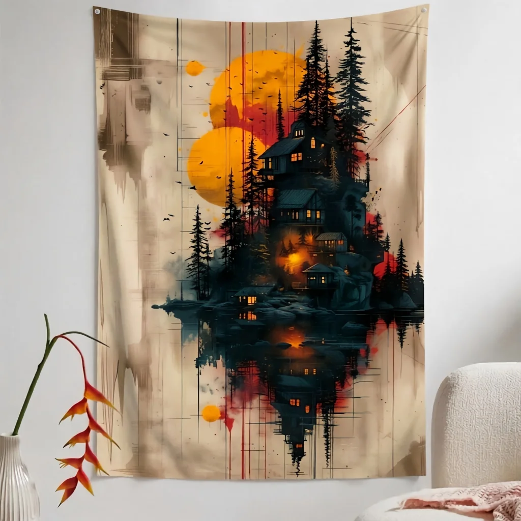 Vintage Forest Mountain House Tapestry, Abstract Sunset Double Sun Lake Tree Birds, Living Room Bedroom Dorm Home Decor