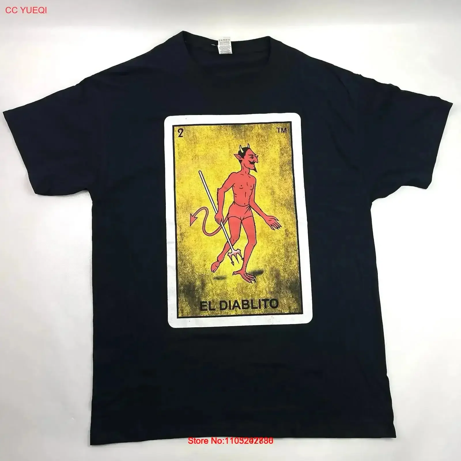 Camiseta Negra con el Logotipo de la Lotería Mexicana El Diablito, Talla L para Hombre, Estilo Vintage Lavado y Elástico, Ropa de Diseñador Versátil para Hombre