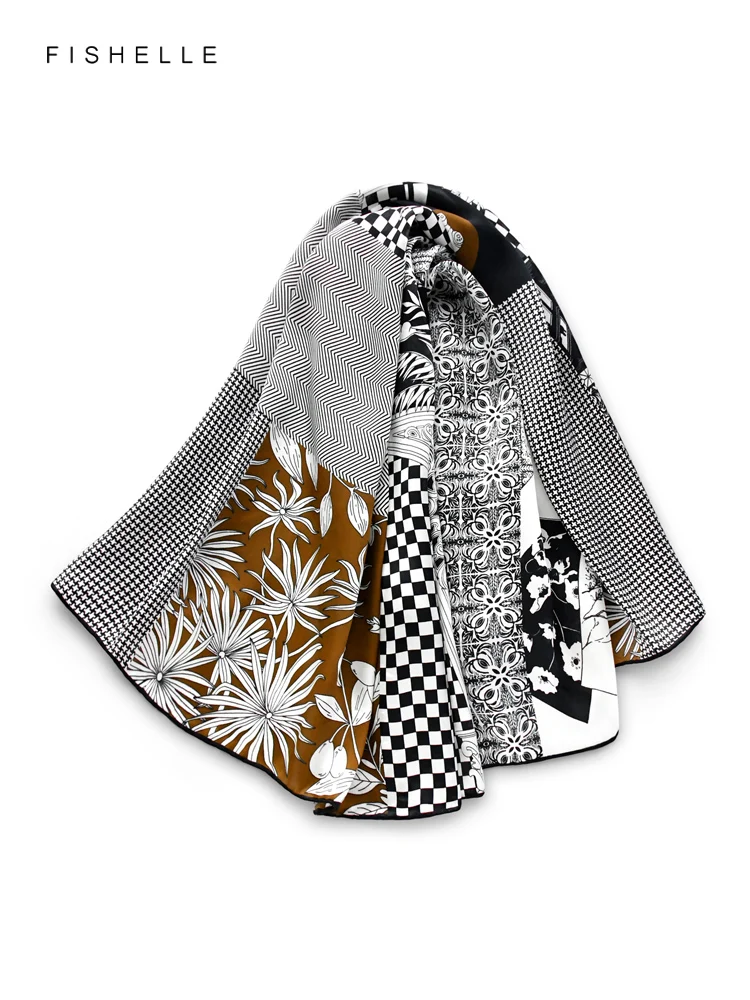 Brown geometric plant 100% natural silk scarf square head scarves luxury gift women wrap bandana hijab shawl 90cm neckerchief