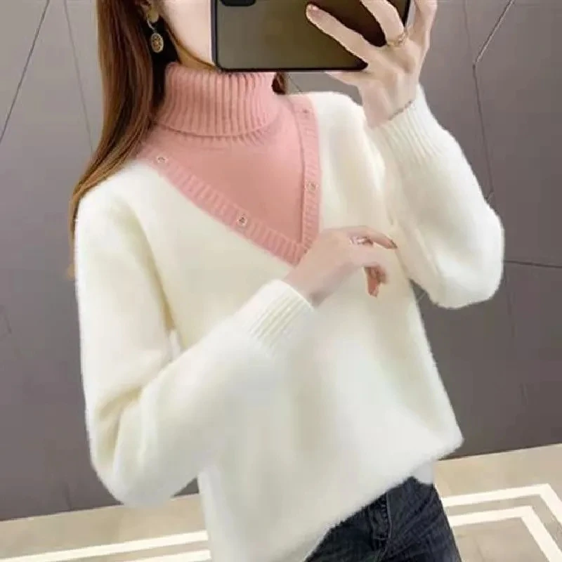 

Turtleneck Pullover Sweater Women Outside Wear Fashion Loose Stitching Warm Sweater 2023New Fall Winter Mink Velvet Bottom Shirt