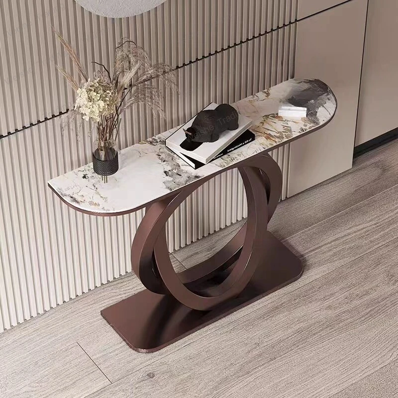 

facing the door, rock slab entrance table, light luxury side table against the wall, entrance cabinet, entrance platform