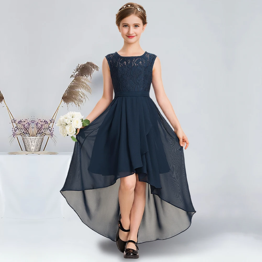 A-line Scoop Asymmetrical Chiffon Lace Junior Bridesmaid Dress With Bow Cascading Ruffles Black Flower Girl Dress for Wedding