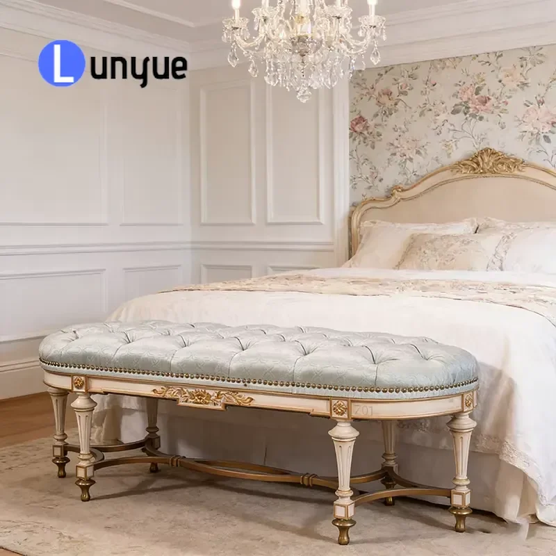 Custom Classic Tufted Button Padded Velvet Hand Carved French Solid Wood Frame Bedroom Bench for Home and Villa Use
