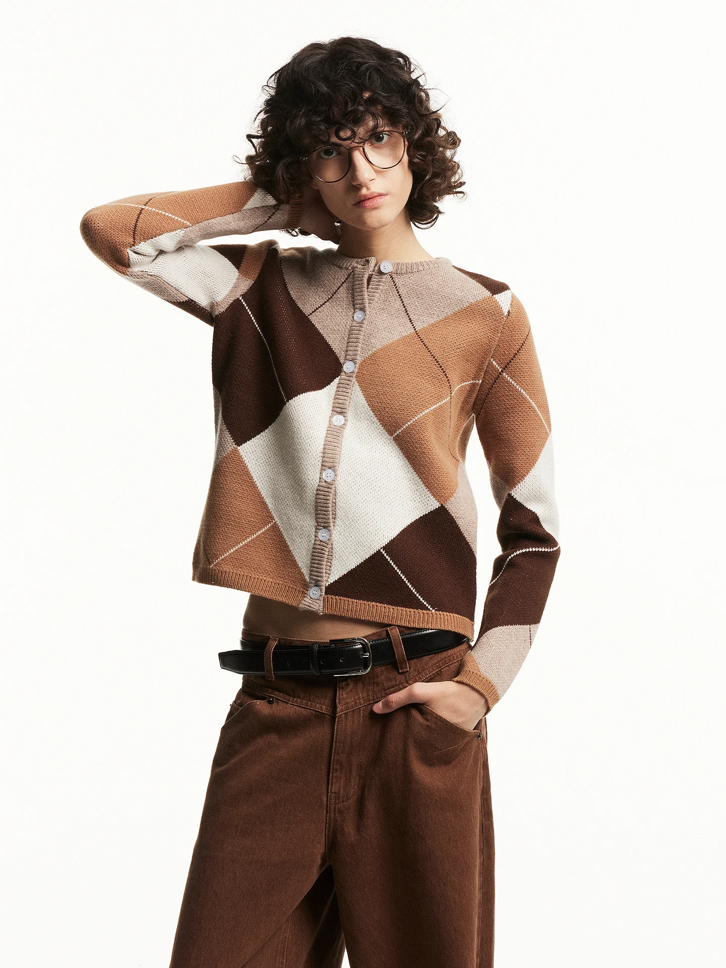 

747 Australian Merino 00% Pure Wool Diamond Pattern Retro round Ne Slim Fit Open Front Sweater Street Sle Long Sve W...