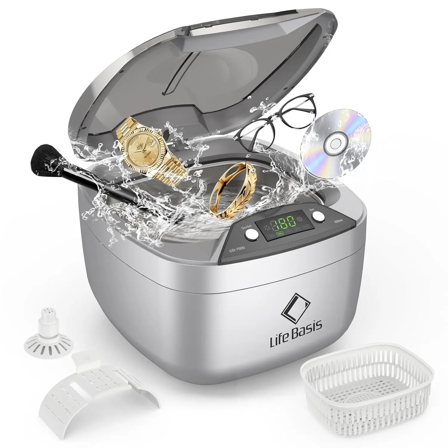 

850ml Ultrasonic Cleaner with LCD Timer, 5 Cycles for Jewelry, Glasses, Watches, CDs & Makeup Brushes - Silver