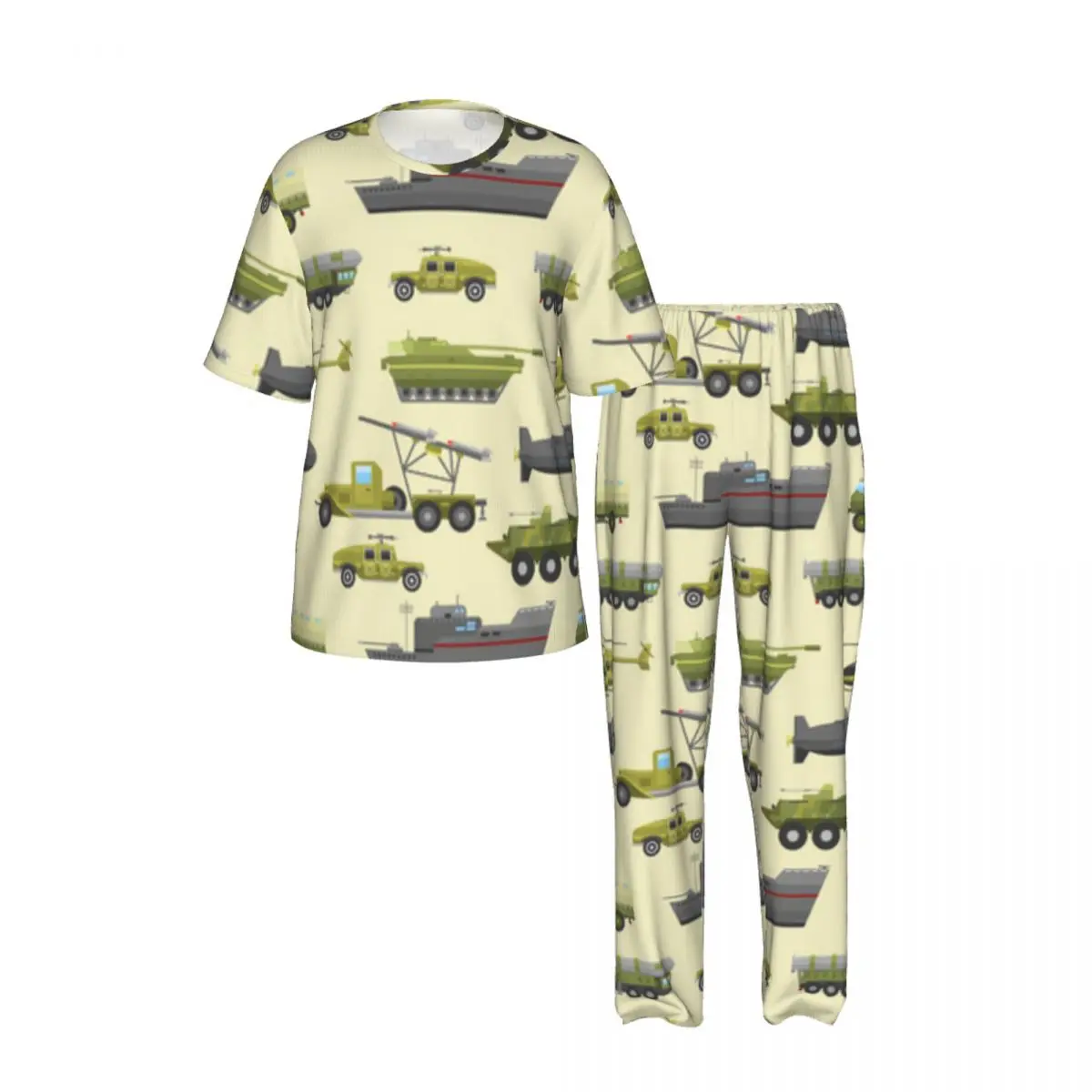 Sleepwear Summer Spring Home Clothes Military Trucks Pattern Short Sleeve Long Pant Nightwear