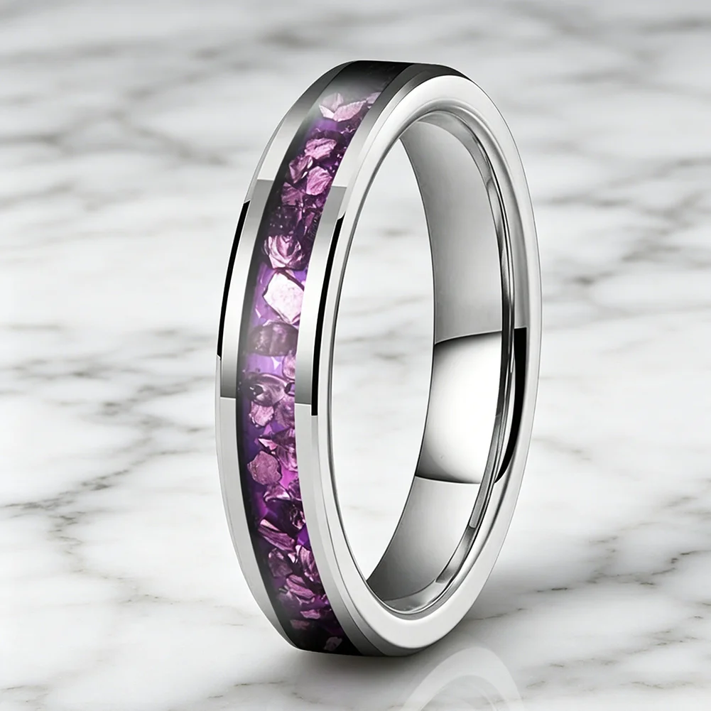 4mm Wolframringe mit Lila Edelstein-Einlage, Modeschmuck, Verlobungs- und Eheringe für Männer und Frauen, Poliert Glänzend, Komfortabler Sitz – Detail 1