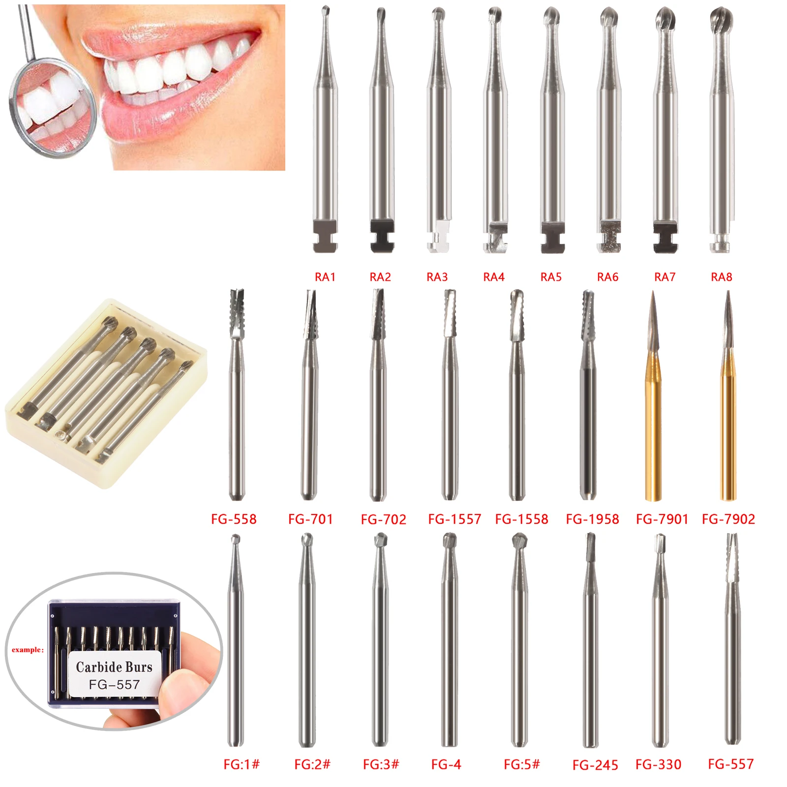 Dental Tungsten Carbide Steel Bur FG (Friction Grip)/RA (Right Angle) Dills Round Type For High/Low Speed Handpiece High Quality