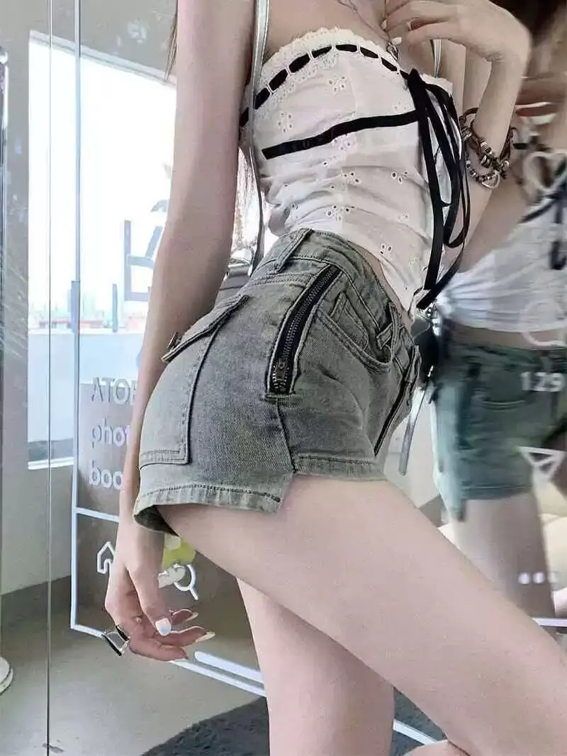 

Women's Low Rise Elastic Tight Curled Denim Shorts Summer New Hot Girl Street Casual Hip Wrap Sexy Mini Shorts Female