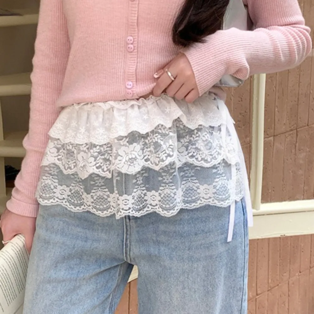 

Korean Fashion Lace Irregular Skirt Curtain White Flowers Lace Mesh Halfbody Skirt Women Summer Bottoms Jeans Decorative Hemline