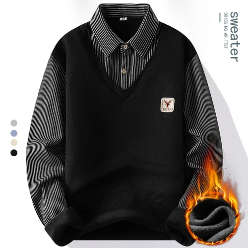 Imagen 2 del producto Polo de lana para hombre, jersey para hombre, camiseta de otoño e invierno, suéteres con cuello, blusa fría, ropa coreana caqui azul marino