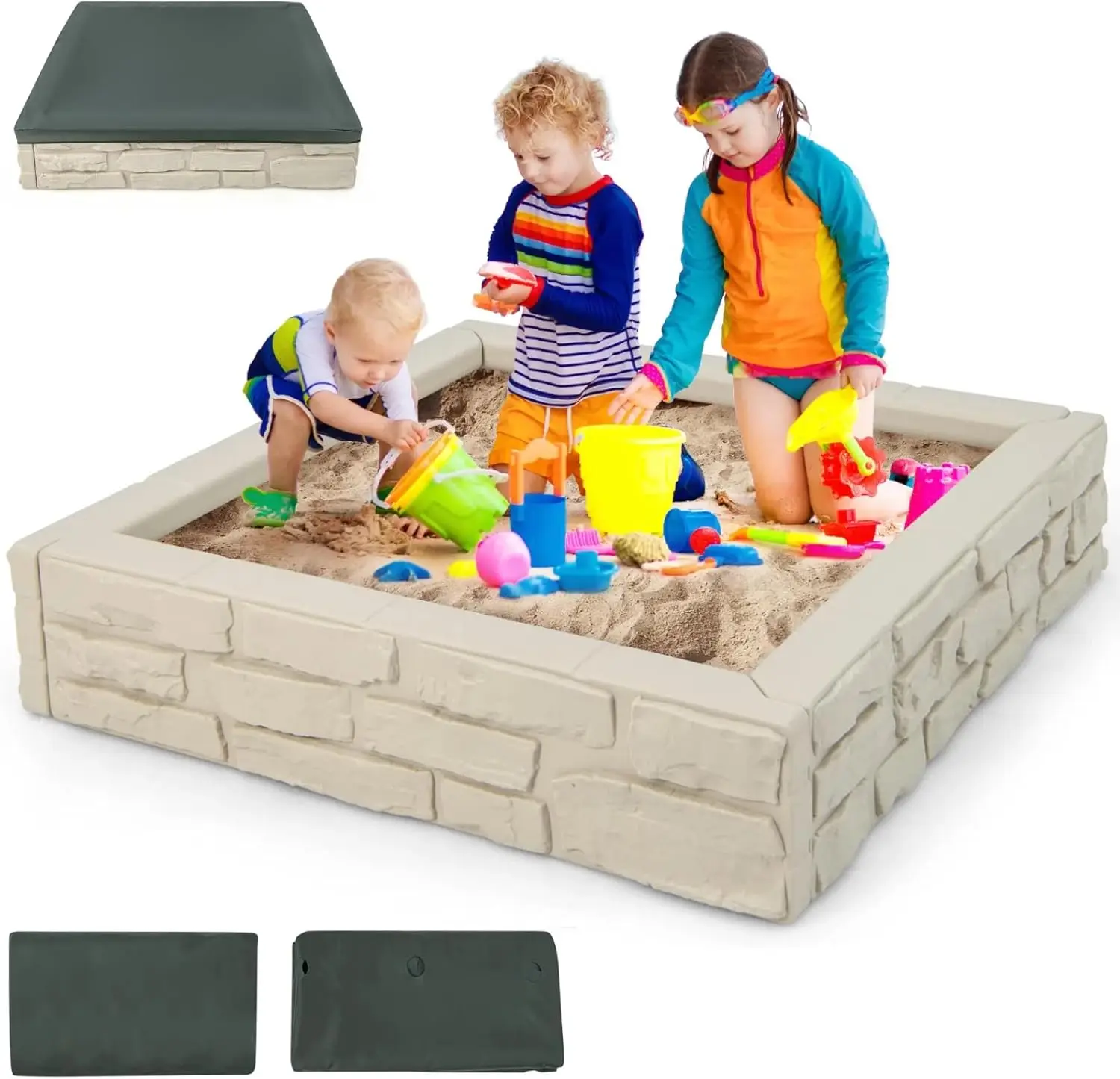 

Sandbox with Cover, 47x47 Inch Square Sand Pit for Backyard, Bottom Drainage Oxford Liner, Brick White, All Weather Resistant