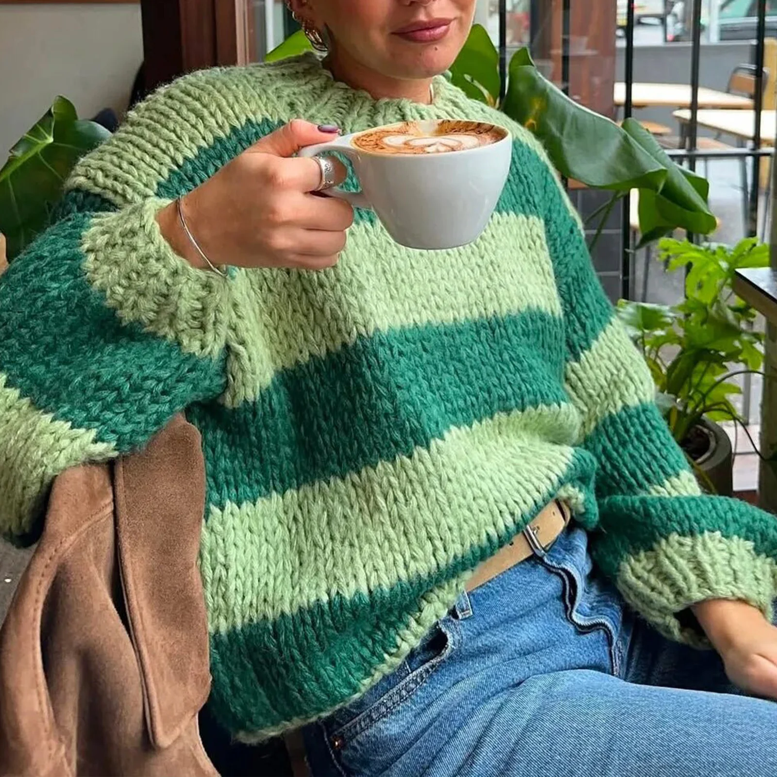 

Women Y2K Striped Oversized Sweater Crewneck Long Sleeve Vintage Aesthetic Knit Pullover Tops Teens Cute Preppy Sweater