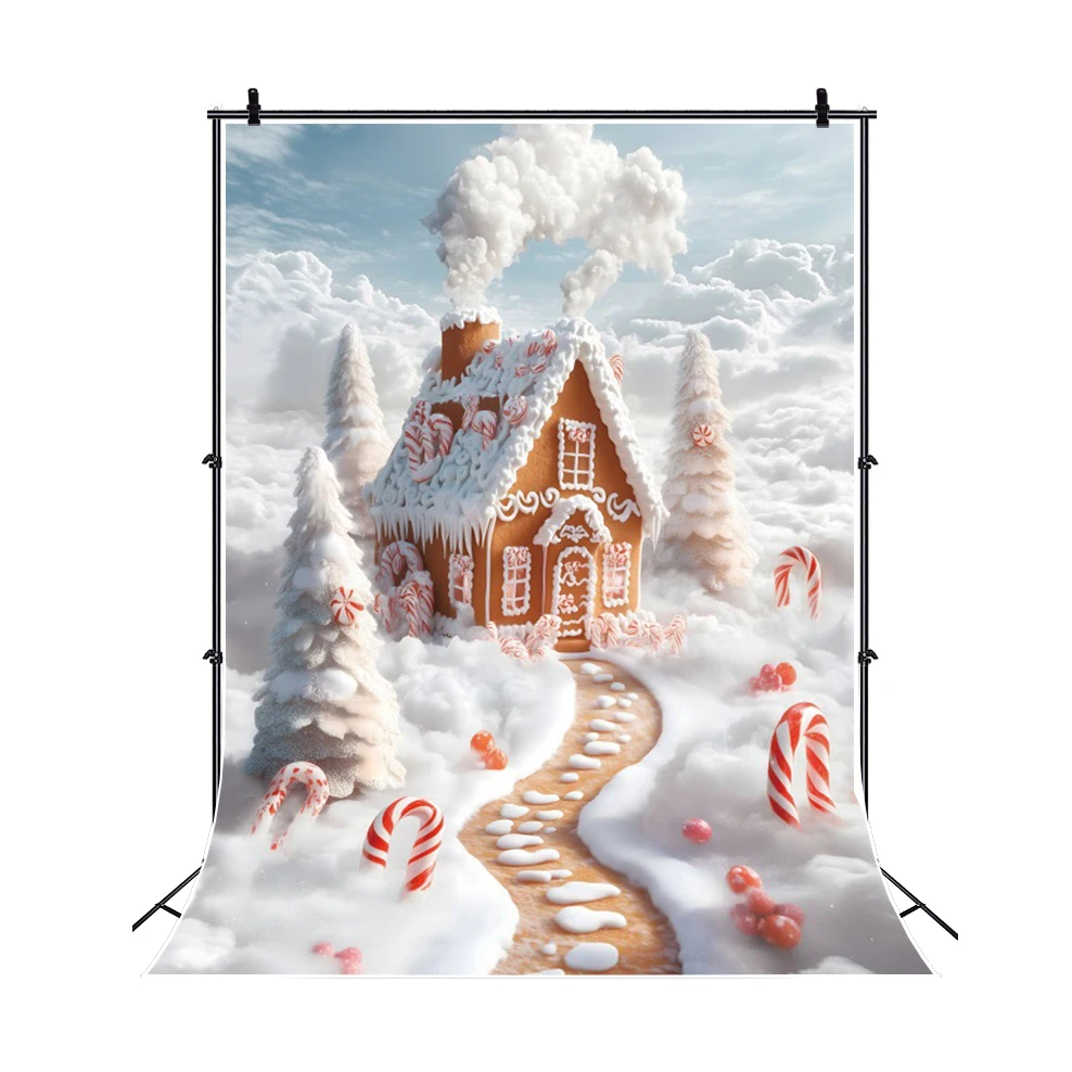 Toile de fond de photographie de maison de pain d'épice de Noël, décor de fête d'anniversaire, maison de bonbons enneigés d'hiver, arrière-plan de photo de portrait d'enfants