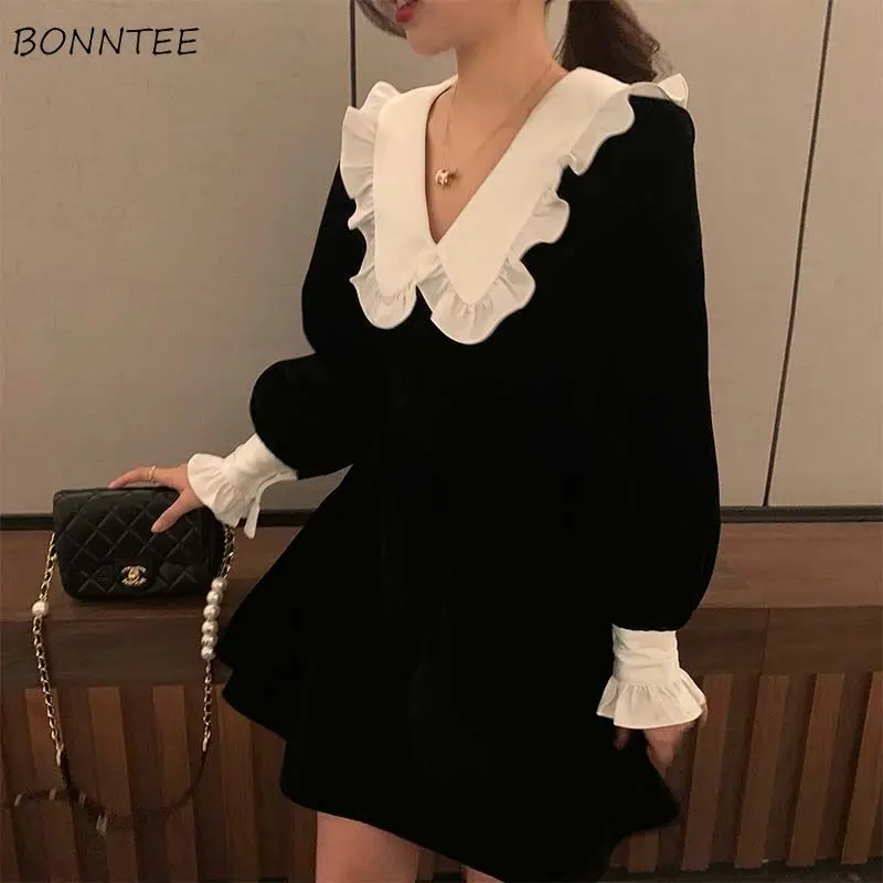 

Dresses Women Solid Ruffles French Style Elegant Prevalent Creativity Vintage All-match Tender Simple Leisure Basics Princess