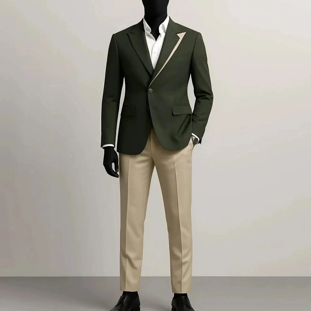 

Solid Color Men Suits 2 Pieces Green Jacket Beige Pants Single Breasted Groom Prom Tuxedo Custom Daily Casual Male Clothing