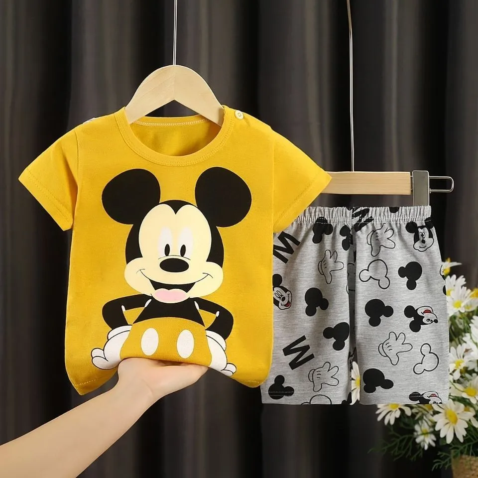 Disney Mickey Short Sleeved Suit For Boys Clothes Summer Cartoon Fashion Children\'s Wear Set Toddler T-shirt + Shorts 2pc/set